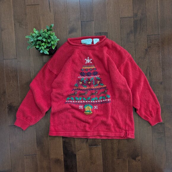 CHRISTMAS TREE HAND KNIT VINTAGE SWEATER - Picture 1 of 2